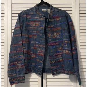 CHICO'S Sz 2 SIZE 12 Colorful Fringed Patch Denim Jean Jacket Mandarin Collar